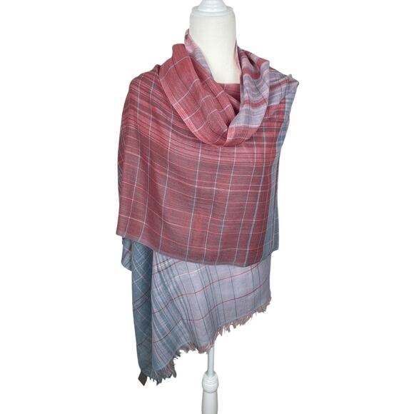 J.Jill Cotton Plaid Rectangle Long Wrap Shawl Scarf Pink Blue Gray NEW WITH TAGS - Picture 1 of 10